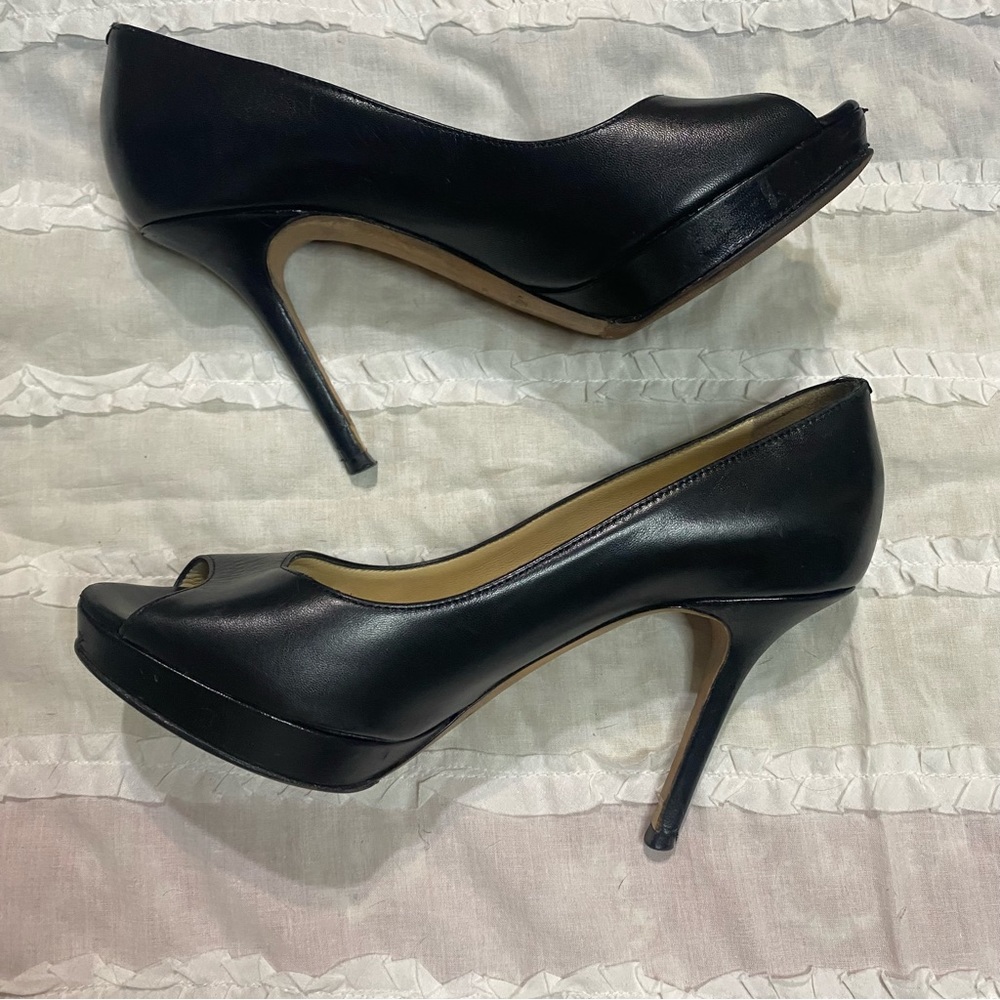 Jimmy Choo - Pump, Black Leather, Platform, Peep Toe, High Heel Women’s Size 35